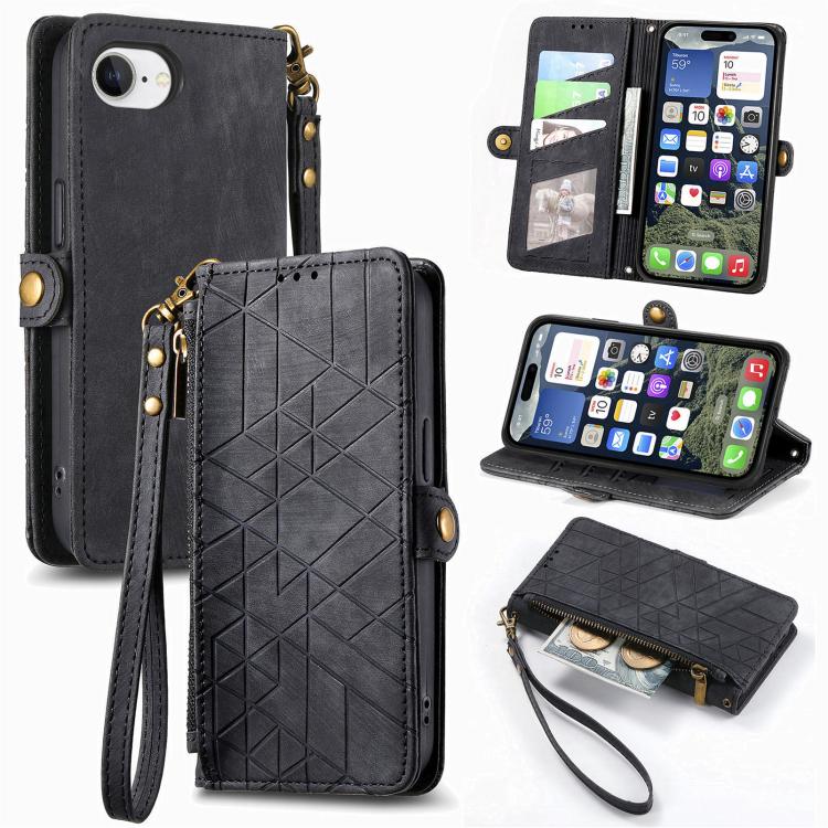 Geometric Zipper Wallet Side Buckle Leather Phone Case, For iPhone 17e / 16e, For iPhone 17 Pro Max, For iPhone 17 Pro, For iPhone 17, For iPhone Air, For iPhone 16 Pro Max, For iPhone 16 Pro, For iPhone 16 Plus