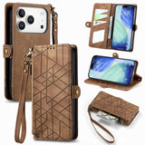 Geometric Zipper Wallet Side Buckle Leather Phone Case, For iPhone 17e / 16e, For iPhone 17 Pro Max, For iPhone 17 Pro, For iPhone 17, For iPhone Air, For iPhone 16 Pro Max, For iPhone 16 Pro, For iPhone 16 Plus