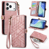 Geometric Zipper Wallet Side Buckle Leather Phone Case, For iPhone 17e / 16e, For iPhone 17 Pro Max, For iPhone 17 Pro, For iPhone 17, For iPhone Air, For iPhone 16 Pro Max, For iPhone 16 Pro, For iPhone 16 Plus