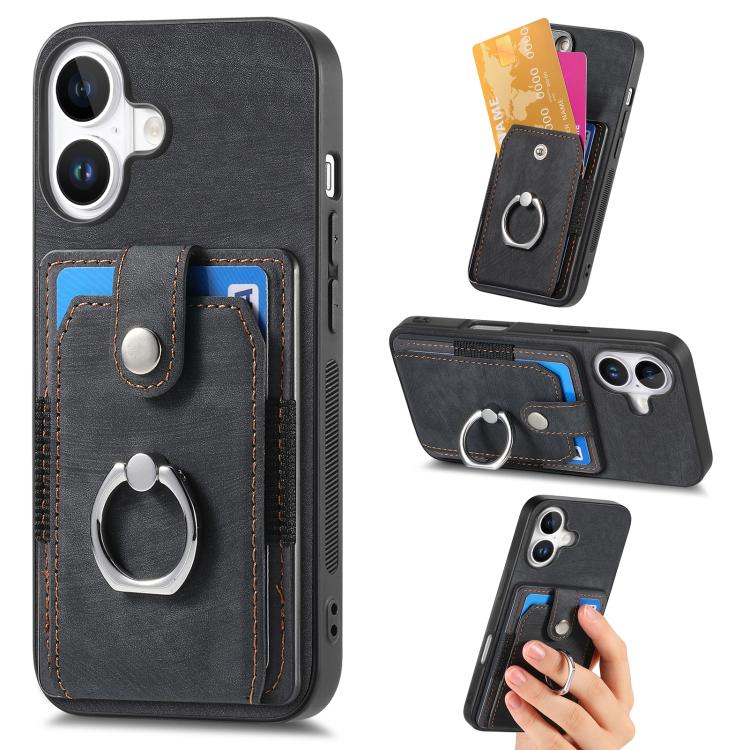 Retro Skin-feel Ring Card Wallet Phone Case, For iPhone 17 Pro Max, For iPhone 17 Pro, For iPhone 17, For iPhone Air, For iPhone 16 Pro Max, For iPhone 16 Pro, For iPhone 16 Plus, For iPhone 16