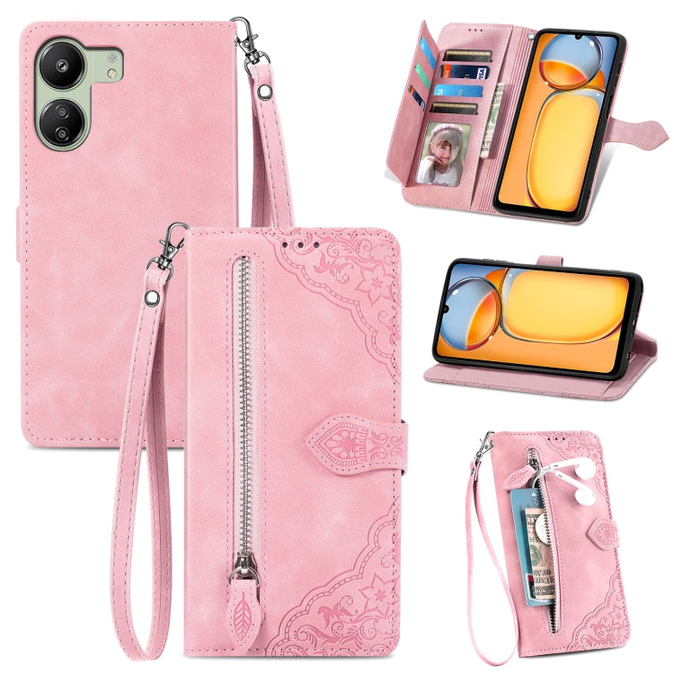 Embossed Flower Zipper Leather Phone Case, For Xiaomi Redmi 13 4G, For Xiaomi Redmi Turbo 3 5G, For Xiaomi 14 Pro, For Xiaomi 14, For Xiaomi Redmi 13C, For Redmi 15C 5G / 4G Glodal 171mm