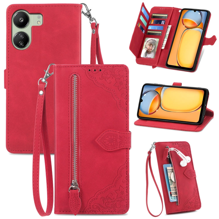 Embossed Flower Zipper Leather Phone Case, For Xiaomi Redmi 13 4G, For Xiaomi Redmi Turbo 3 5G, For Xiaomi 14 Pro, For Xiaomi 14, For Xiaomi Redmi 13C, For Redmi 15C 5G / 4G Glodal 171mm