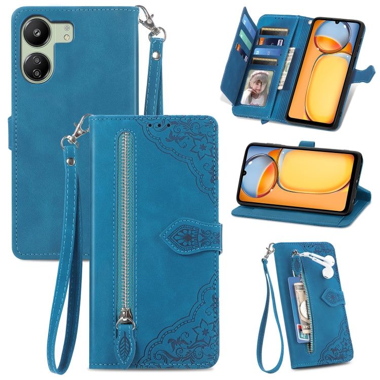 Embossed Flower Zipper Leather Phone Case, For Xiaomi Redmi 13 4G, For Xiaomi Redmi Turbo 3 5G, For Xiaomi 14 Pro, For Xiaomi 14, For Xiaomi Redmi 13C, For Redmi 15C 5G / 4G Glodal 171mm