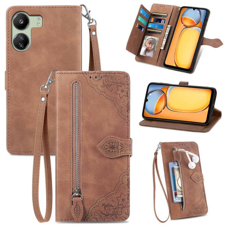Embossed Flower Zipper Leather Phone Case, For Xiaomi Redmi 13 4G, For Xiaomi Redmi Turbo 3 5G, For Xiaomi 14 Pro, For Xiaomi 14, For Xiaomi Redmi 13C, For Redmi 15C 5G / 4G Glodal 171mm