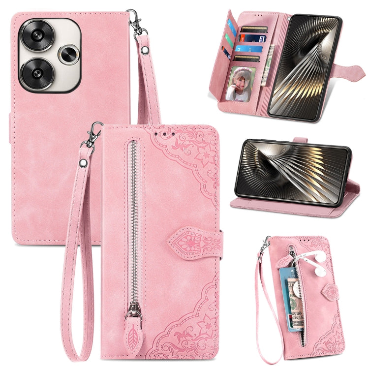 Embossed Flower Zipper Leather Phone Case, For Xiaomi Redmi 13 4G, For Xiaomi Redmi Turbo 3 5G, For Xiaomi 14 Pro, For Xiaomi 14, For Xiaomi Redmi 13C, For Redmi 15C 5G / 4G Glodal 171mm