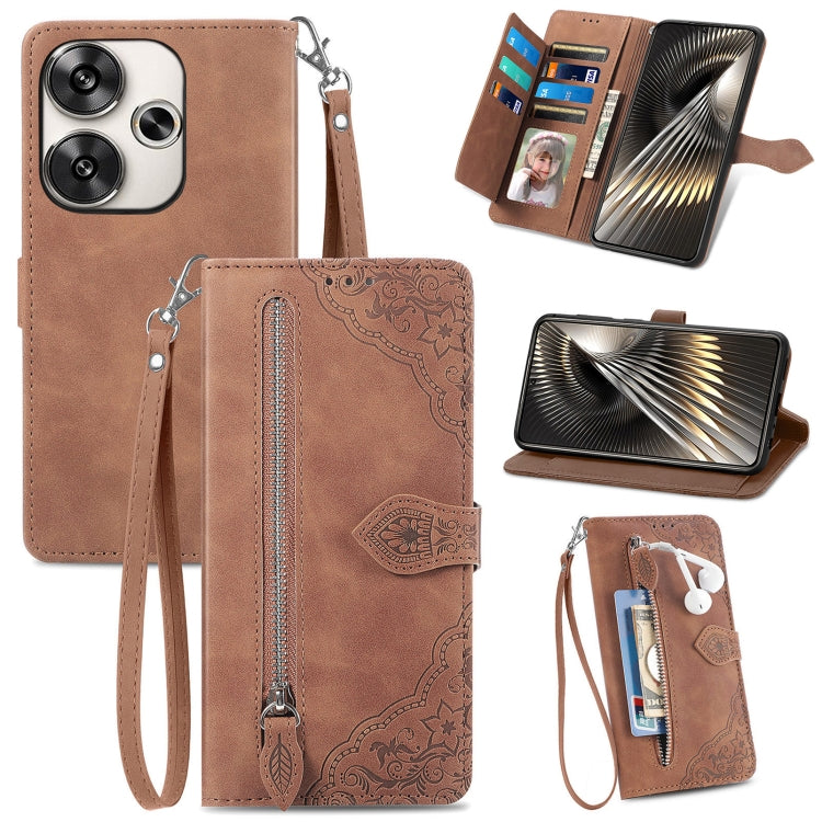 Embossed Flower Zipper Leather Phone Case, For Xiaomi Redmi 13 4G, For Xiaomi Redmi Turbo 3 5G, For Xiaomi 14 Pro, For Xiaomi 14, For Xiaomi Redmi 13C, For Redmi 15C 5G / 4G Glodal 171mm