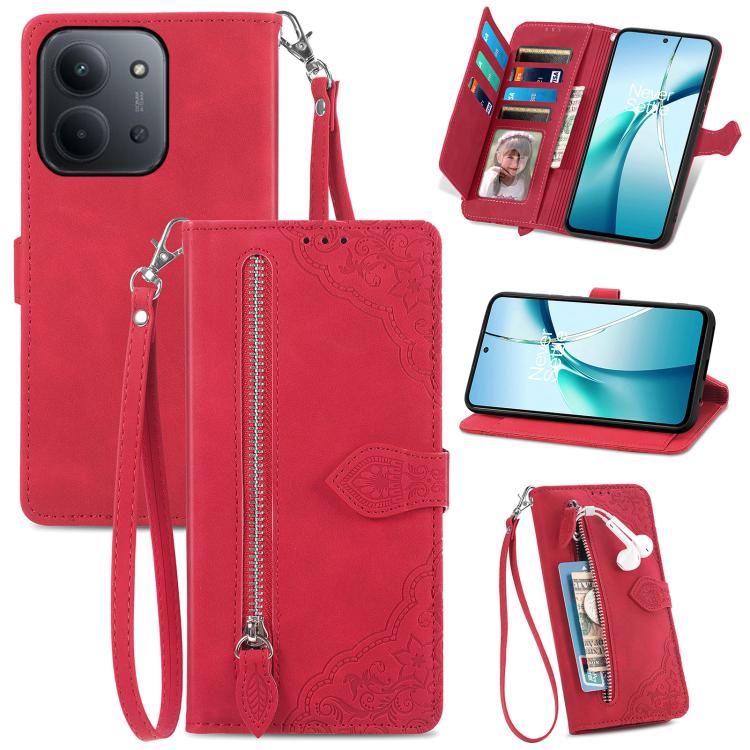 Embossed Flower Zipper Leather Phone Case, For Xiaomi Redmi 13 4G, For Xiaomi Redmi Turbo 3 5G, For Xiaomi 14 Pro, For Xiaomi 14, For Xiaomi Redmi 13C, For Redmi 15C 5G / 4G Glodal 171mm