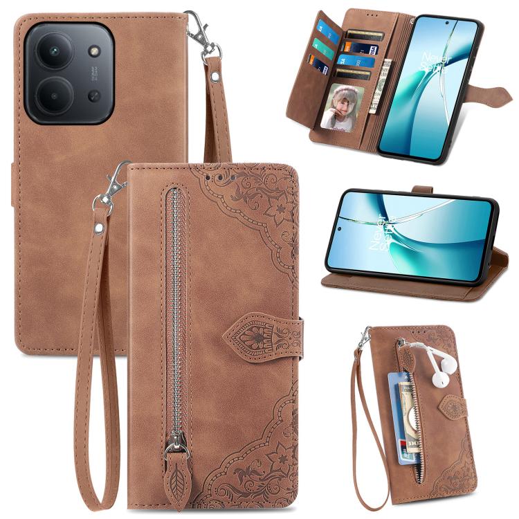Embossed Flower Zipper Leather Phone Case, For Xiaomi Redmi 13 4G, For Xiaomi Redmi Turbo 3 5G, For Xiaomi 14 Pro, For Xiaomi 14, For Xiaomi Redmi 13C, For Redmi 15C 5G / 4G Glodal 171mm