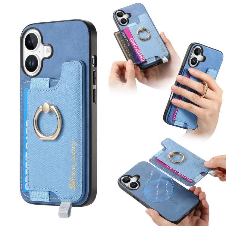 Retro Magsafe Cross Leather Ring Holder Card Bag Phone Case, For iPhone 17, For iPhone Air, For iPhone 16 Pro Max, For iPhone 16 Pro, For iPhone 16 Plus, For iPhone 16