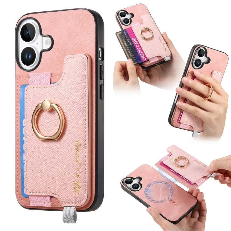 Retro Magsafe Cross Leather Ring Holder Card Bag Phone Case, For iPhone 17, For iPhone Air, For iPhone 16 Pro Max, For iPhone 16 Pro, For iPhone 16 Plus, For iPhone 16