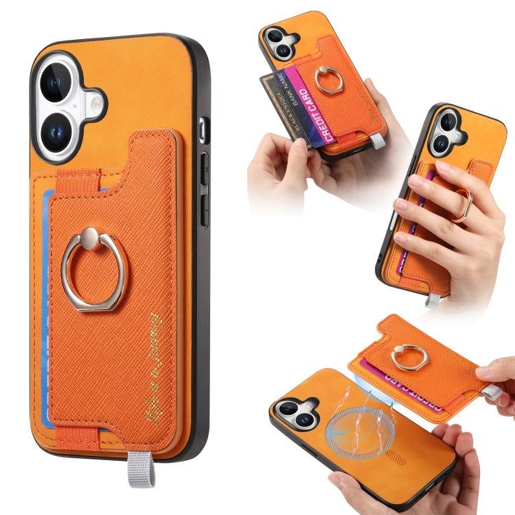 Retro Magsafe Cross Leather Ring Holder Card Bag Phone Case, For iPhone 17, For iPhone Air, For iPhone 16 Pro Max, For iPhone 16 Pro, For iPhone 16 Plus, For iPhone 16