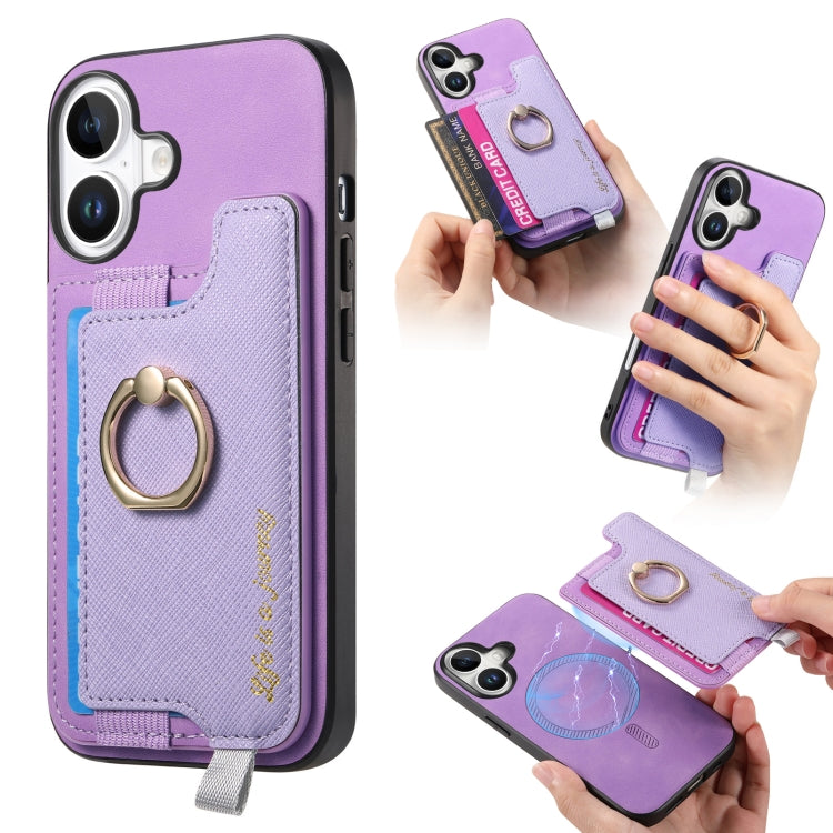 Retro Magsafe Cross Leather Ring Holder Card Bag Phone Case, For iPhone 17, For iPhone Air, For iPhone 16 Pro Max, For iPhone 16 Pro, For iPhone 16 Plus, For iPhone 16