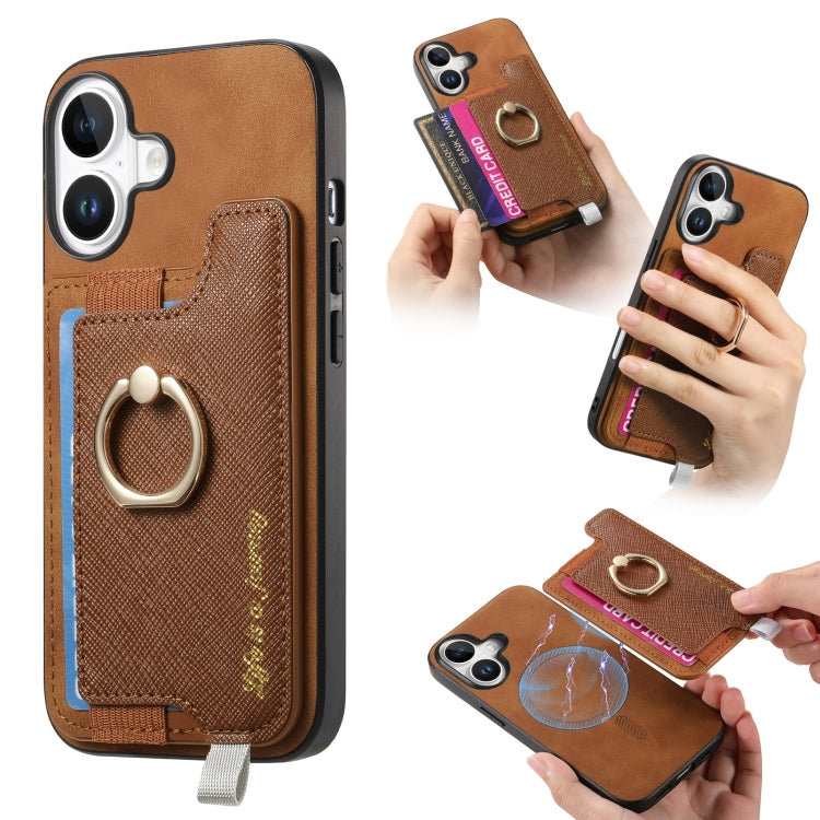 Retro Magsafe Cross Leather Ring Holder Card Bag Phone Case, For iPhone 17, For iPhone Air, For iPhone 16 Pro Max, For iPhone 16 Pro, For iPhone 16 Plus, For iPhone 16