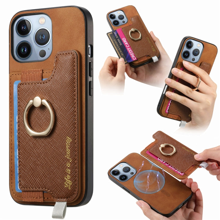 Retro Magsafe Cross Leather Ring Holder Card Bag Phone Case, For iPhone 17, For iPhone Air, For iPhone 16 Pro Max, For iPhone 16 Pro, For iPhone 16 Plus, For iPhone 16