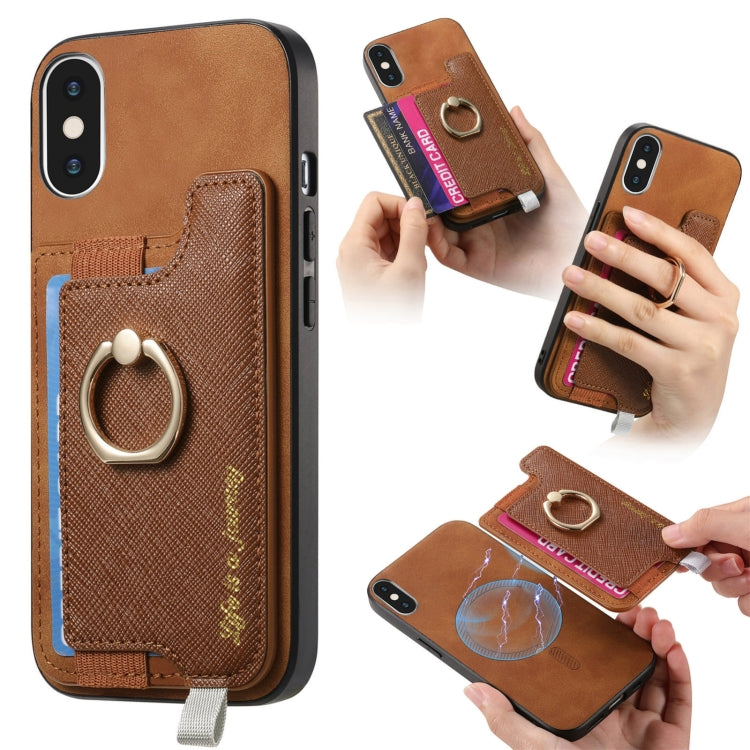 Retro Magsafe Cross Leather Ring Holder Card Bag Phone Case, For iPhone XR, For iPhone XS Max, For iPhone 7 Plus / 8 Plus