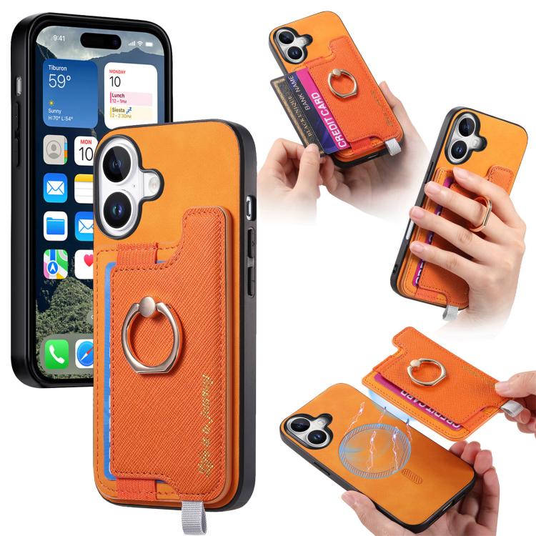 Retro Magsafe Cross Leather Ring Holder Card Bag Phone Case, For iPhone 17, For iPhone Air, For iPhone 16 Pro Max, For iPhone 16 Pro, For iPhone 16 Plus, For iPhone 16