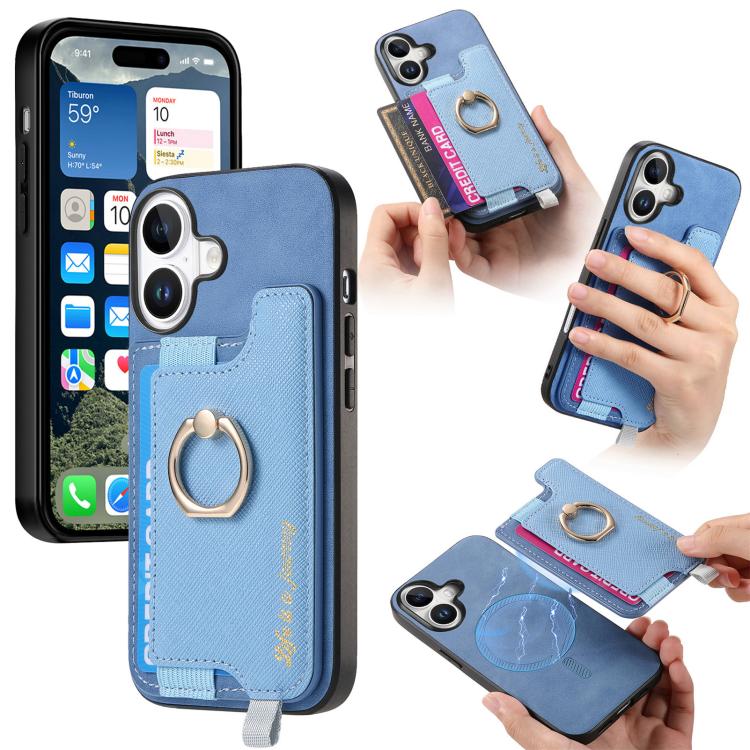 Retro Magsafe Cross Leather Ring Holder Card Bag Phone Case, For iPhone 17, For iPhone Air, For iPhone 16 Pro Max, For iPhone 16 Pro, For iPhone 16 Plus, For iPhone 16
