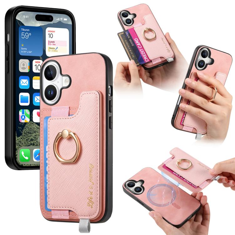 Retro Magsafe Cross Leather Ring Holder Card Bag Phone Case, For iPhone 17, For iPhone Air, For iPhone 16 Pro Max, For iPhone 16 Pro, For iPhone 16 Plus, For iPhone 16