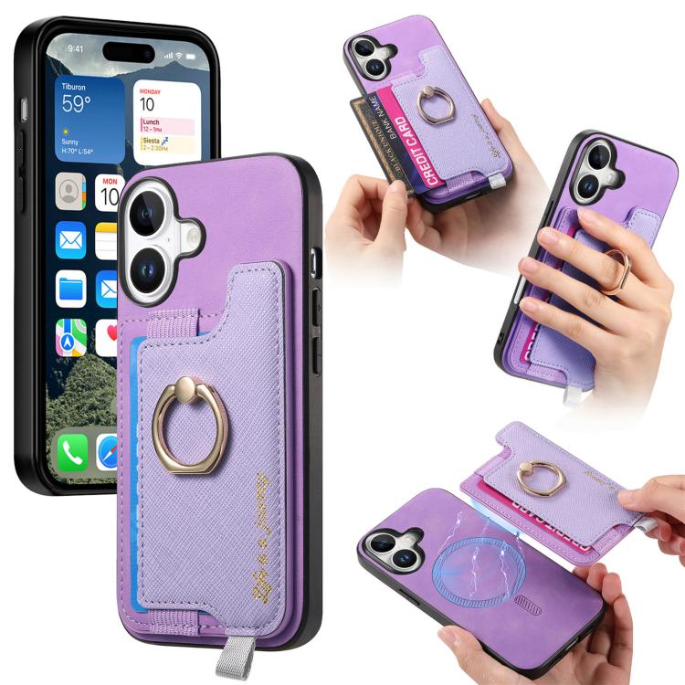 Retro Magsafe Cross Leather Ring Holder Card Bag Phone Case, For iPhone 17, For iPhone Air, For iPhone 16 Pro Max, For iPhone 16 Pro, For iPhone 16 Plus, For iPhone 16