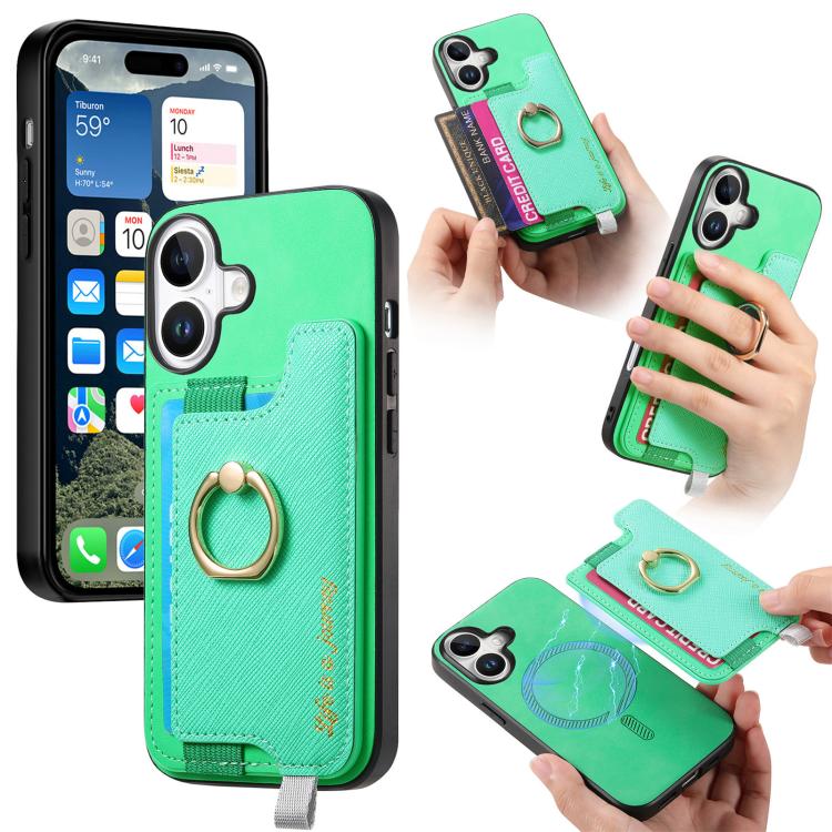 Retro Magsafe Cross Leather Ring Holder Card Bag Phone Case, For iPhone 17, For iPhone Air, For iPhone 16 Pro Max, For iPhone 16 Pro, For iPhone 16 Plus, For iPhone 16
