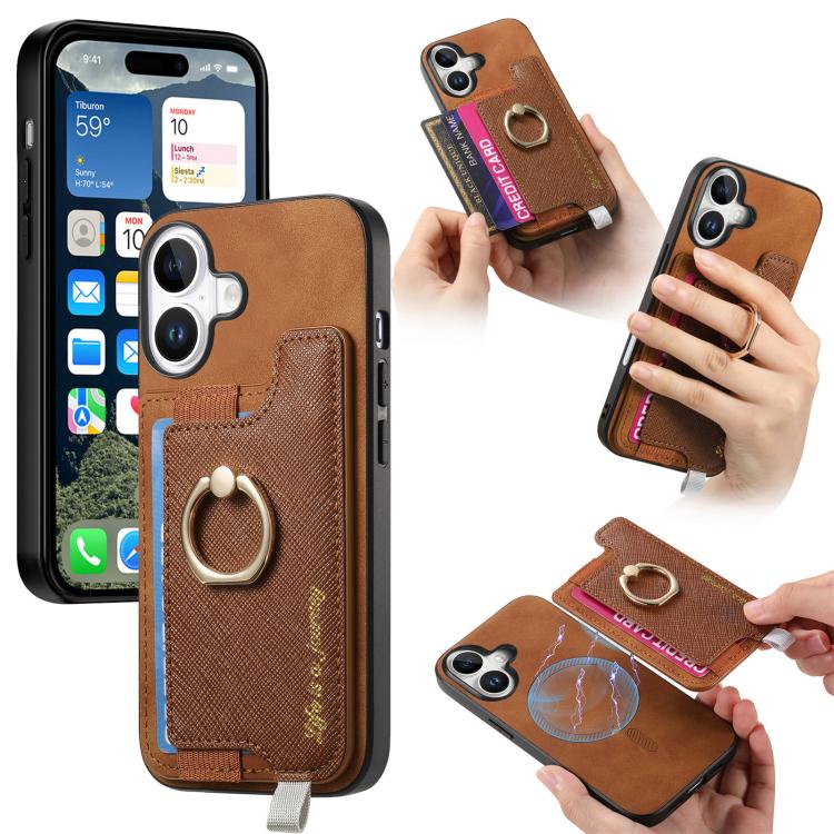 Retro Magsafe Cross Leather Ring Holder Card Bag Phone Case, For iPhone 17, For iPhone Air, For iPhone 16 Pro Max, For iPhone 16 Pro, For iPhone 16 Plus, For iPhone 16