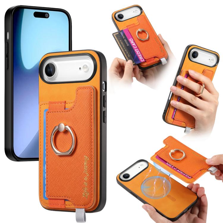 Retro Magsafe Cross Leather Ring Holder Card Bag Phone Case, For iPhone 17, For iPhone Air, For iPhone 16 Pro Max, For iPhone 16 Pro, For iPhone 16 Plus, For iPhone 16