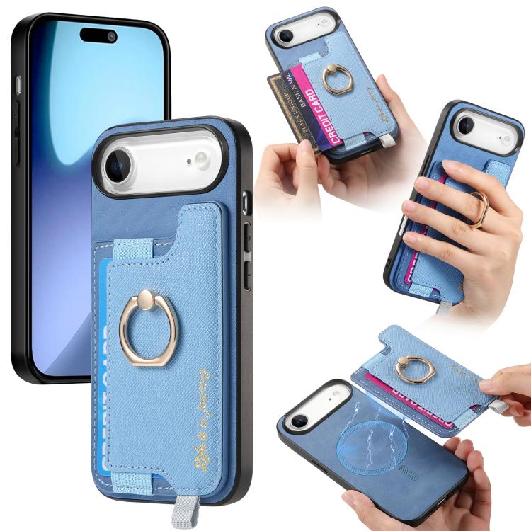Retro Magsafe Cross Leather Ring Holder Card Bag Phone Case, For iPhone 17, For iPhone Air, For iPhone 16 Pro Max, For iPhone 16 Pro, For iPhone 16 Plus, For iPhone 16