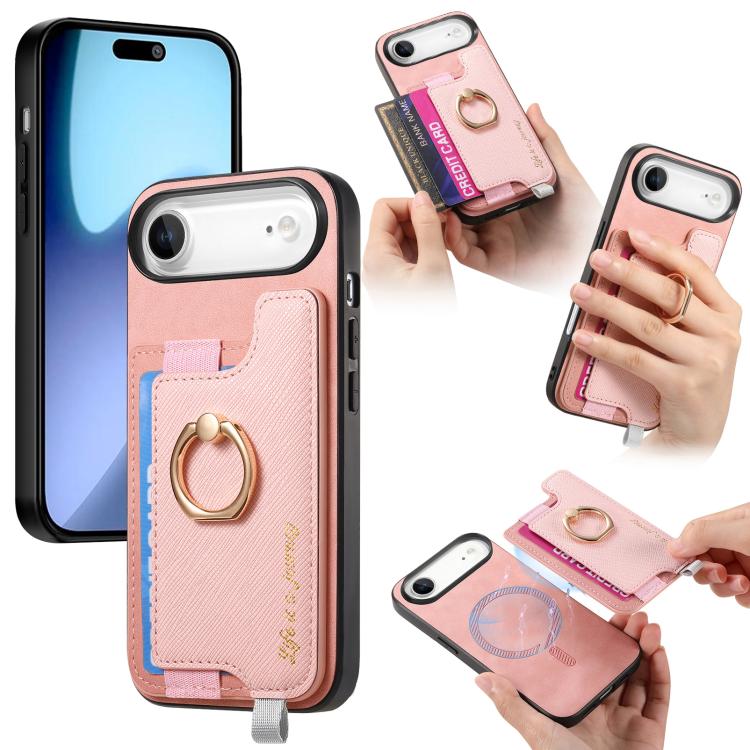 Retro Magsafe Cross Leather Ring Holder Card Bag Phone Case, For iPhone 17, For iPhone Air, For iPhone 16 Pro Max, For iPhone 16 Pro, For iPhone 16 Plus, For iPhone 16