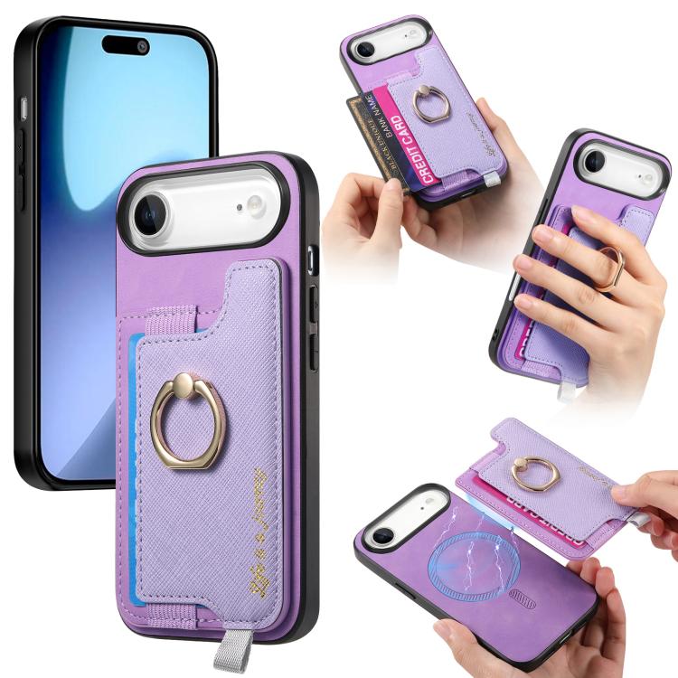 Retro Magsafe Cross Leather Ring Holder Card Bag Phone Case, For iPhone 17, For iPhone Air, For iPhone 16 Pro Max, For iPhone 16 Pro, For iPhone 16 Plus, For iPhone 16