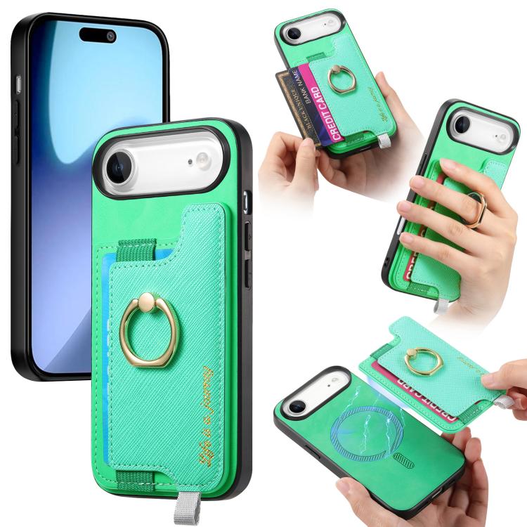 Retro Magsafe Cross Leather Ring Holder Card Bag Phone Case, For iPhone 17, For iPhone Air, For iPhone 16 Pro Max, For iPhone 16 Pro, For iPhone 16 Plus, For iPhone 16