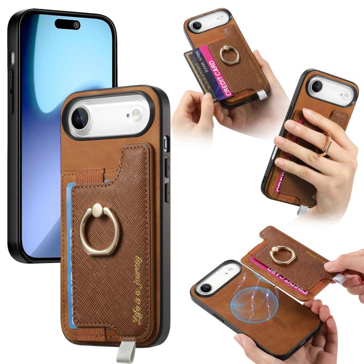 Retro Magsafe Cross Leather Ring Holder Card Bag Phone Case, For iPhone 17, For iPhone Air, For iPhone 16 Pro Max, For iPhone 16 Pro, For iPhone 16 Plus, For iPhone 16
