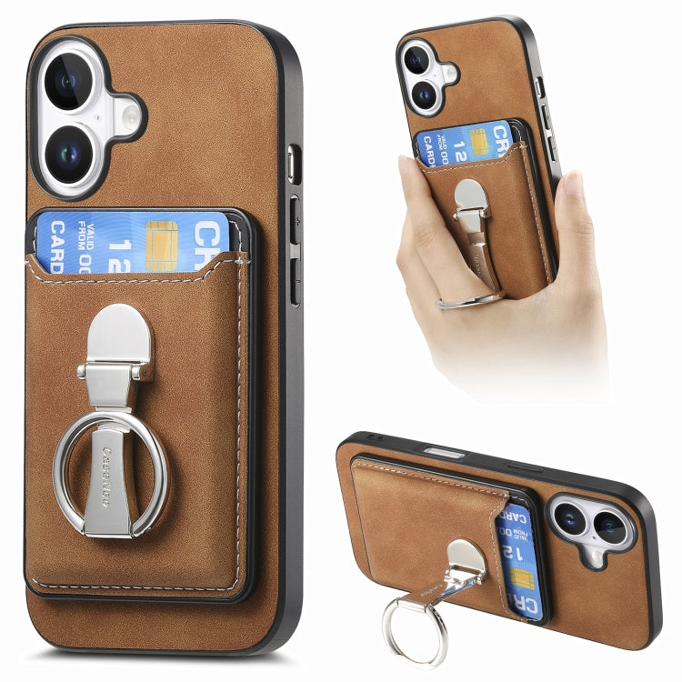 Retro Folding Ring Holder Card Bag MagSafe Phone Case, For iPhone 17, For iPhone Air, For iPhone 16 Pro Max, For iPhone 16 Pro, For iPhone 16 Plus, For iPhone 16