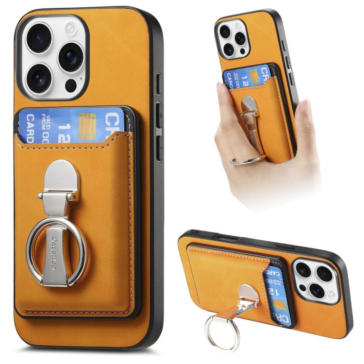 Retro Folding Ring Holder Card Bag MagSafe Phone Case, For iPhone 17, For iPhone Air, For iPhone 16 Pro Max, For iPhone 16 Pro, For iPhone 16 Plus, For iPhone 16