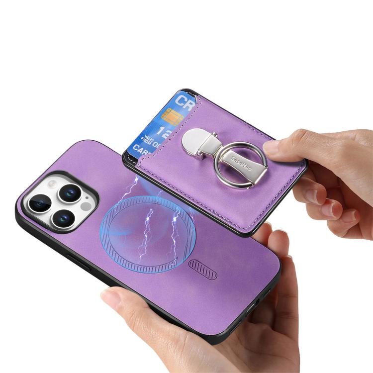 Retro Folding Ring Holder Card Bag MagSafe Phone Case, For iPhone 15 Pro Max, For iPhone 15 Pro, For iPhone 15 Plus, For iPhone 15, For iPhone 14 Plus, For iPhone 14