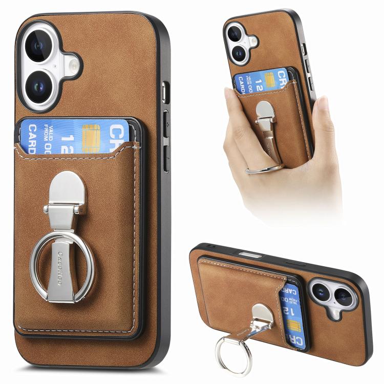 Retro Folding Ring Holder Card Bag MagSafe Phone Case, For iPhone 17, For iPhone Air, For iPhone 16 Pro Max, For iPhone 16 Pro, For iPhone 16 Plus, For iPhone 16