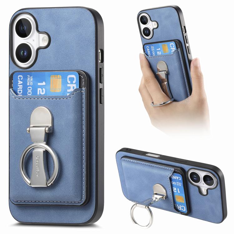 Retro Folding Ring Holder Card Bag MagSafe Phone Case, For iPhone 17, For iPhone Air, For iPhone 16 Pro Max, For iPhone 16 Pro, For iPhone 16 Plus, For iPhone 16