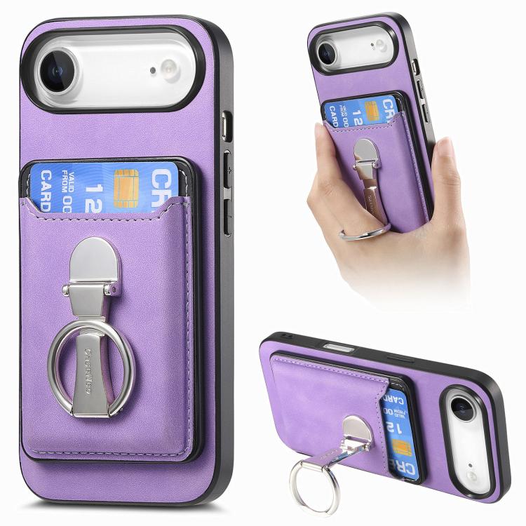 Retro Folding Ring Holder Card Bag MagSafe Phone Case, For iPhone 17, For iPhone Air, For iPhone 16 Pro Max, For iPhone 16 Pro, For iPhone 16 Plus, For iPhone 16