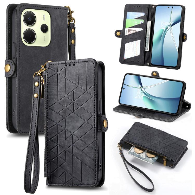 Geometric Zipper Wallet Side Buckle Leather Phone Case, For Xiaomi 17 Pro Max, For Xiaomi 17 Pro, For Xiaomi 17, For Xiaomi Poco M7 4G 169mm, For Redmi 15C 5G / 4G Glodal 171mm, For Xiaomi 15T Pro, For Xiaomi 15T, For Redmi Note 14 4G 164.84mm