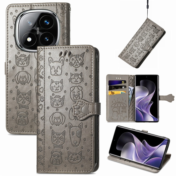 Cat and Dog Embossed Leather Phone Case, For Xiaomi 15, For Xiaomi Redmi Note 14 5G, For Xiaomi Redmi Note 14 Pro+ 5G, For Xiaomi Redmi Note 14 Pro 5G, For Redmi 15C 5G / 4G Global 171mm