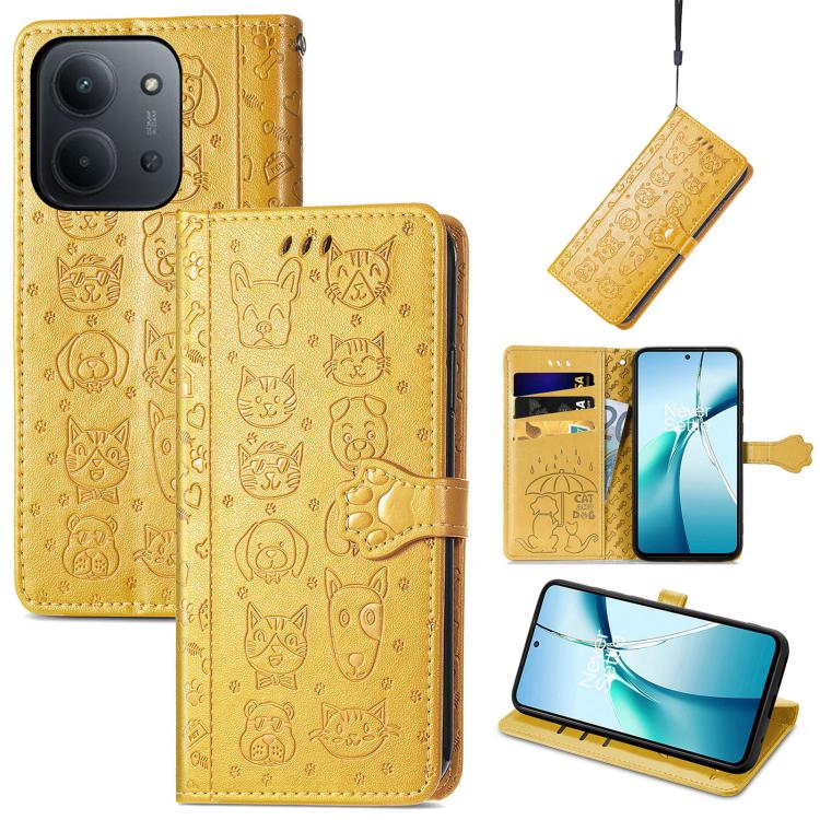 Cat and Dog Embossed Leather Phone Case, For Xiaomi 15, For Xiaomi Redmi Note 14 5G, For Xiaomi Redmi Note 14 Pro+ 5G, For Xiaomi Redmi Note 14 Pro 5G, For Redmi 15C 5G / 4G Global 171mm