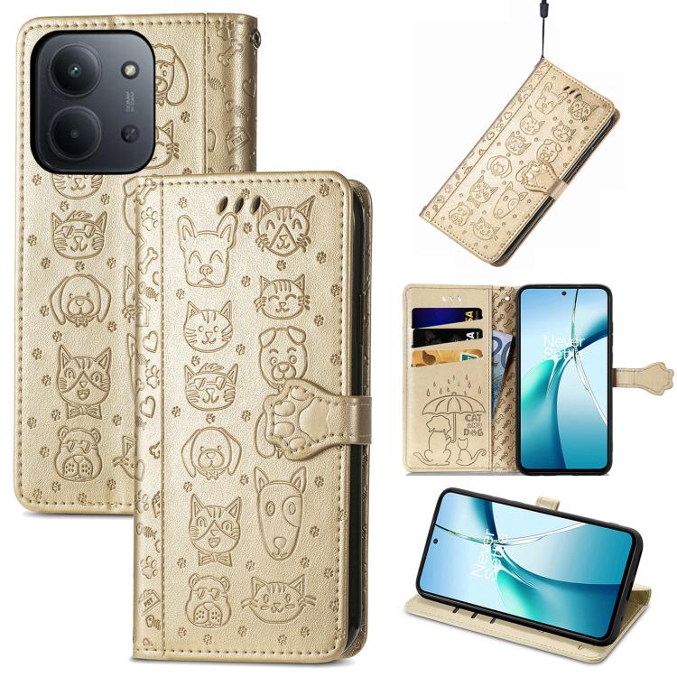 Cat and Dog Embossed Leather Phone Case, For Xiaomi 15, For Xiaomi Redmi Note 14 5G, For Xiaomi Redmi Note 14 Pro+ 5G, For Xiaomi Redmi Note 14 Pro 5G, For Redmi 15C 5G / 4G Global 171mm