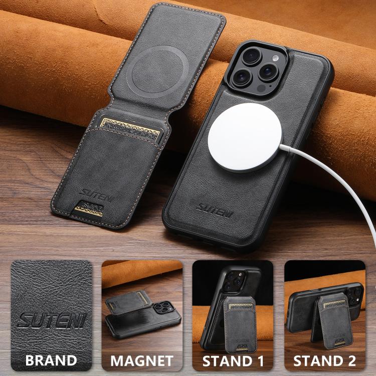 Suteni M5 Magnetic Card Bag MagSafe Cowhide Texture Leather Phone Case, For iPhone 14, For iPhone 14 Pro, For iPhone 14 Pro Max, For iPhone 13 Pro Max, For iPhone 13 Pro, For iPhone 13, For iPhone 12, For iPhone 12 Pro Max, For iPhone 12 Pro