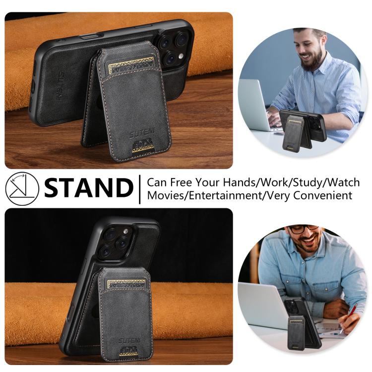 Suteni M5 Magnetic Card Bag MagSafe Cowhide Texture Leather Phone Case, For iPhone 14, For iPhone 14 Pro, For iPhone 14 Pro Max, For iPhone 13 Pro Max, For iPhone 13 Pro, For iPhone 13, For iPhone 12, For iPhone 12 Pro Max, For iPhone 12 Pro