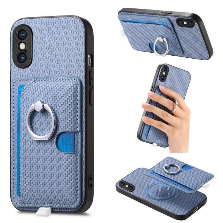 Carbon Fiber Ring Side Insert Card Bag MagSafe Phone Case, For iPhone XS Max, For iPhone 7 / 8 / SE 2022, For iPhone X / XS, For iPhone 7 Plus / 8 Plus, For iPhone 6 Plus / 6s Plus, For iPhone 6 / 6s