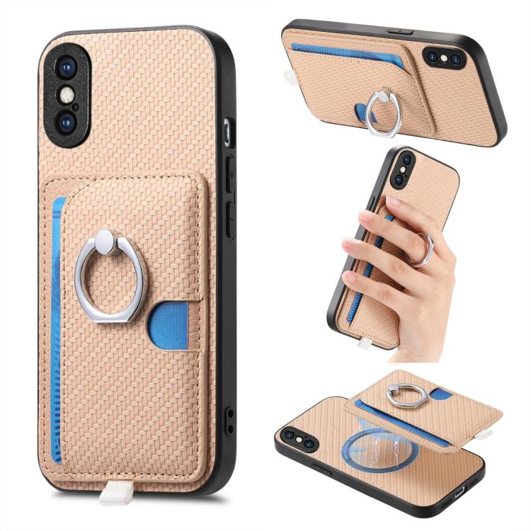 Carbon Fiber Ring Side Insert Card Bag MagSafe Phone Case, For iPhone XS Max, For iPhone 7 / 8 / SE 2022, For iPhone X / XS, For iPhone 7 Plus / 8 Plus, For iPhone 6 Plus / 6s Plus, For iPhone 6 / 6s
