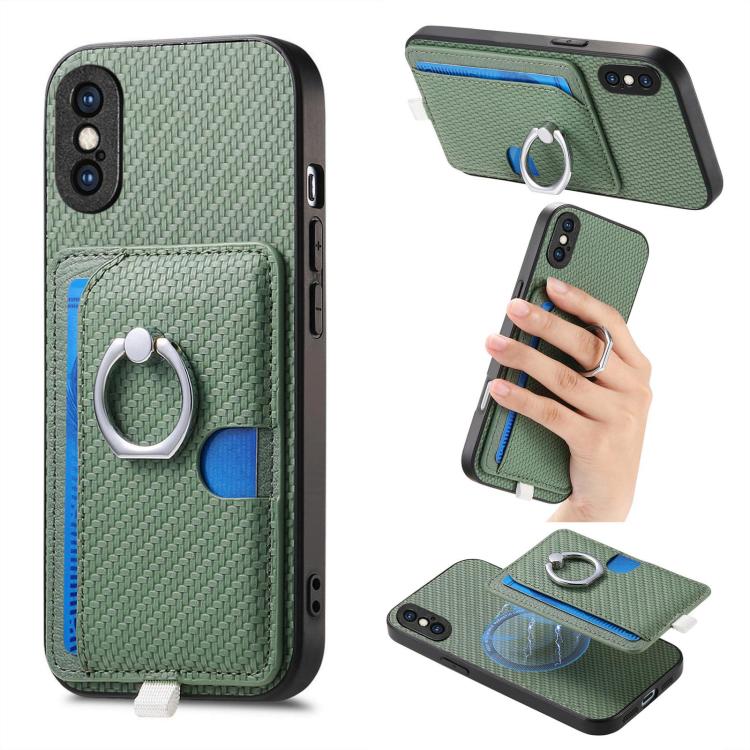 Carbon Fiber Ring Side Insert Card Bag MagSafe Phone Case, For iPhone XS Max, For iPhone 7 / 8 / SE 2022, For iPhone X / XS, For iPhone 7 Plus / 8 Plus, For iPhone 6 Plus / 6s Plus, For iPhone 6 / 6s