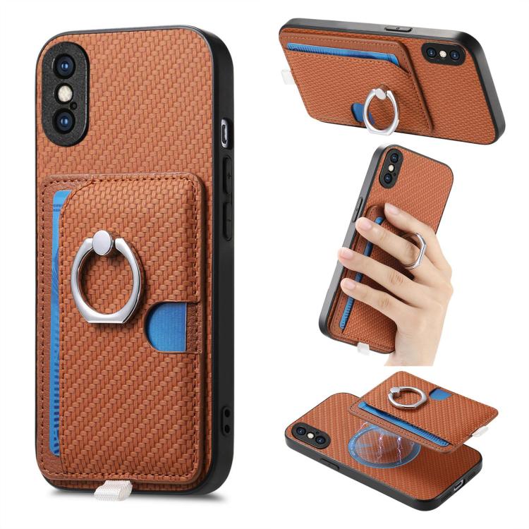 Carbon Fiber Ring Side Insert Card Bag MagSafe Phone Case, For iPhone XS Max, For iPhone 7 / 8 / SE 2022, For iPhone X / XS, For iPhone 7 Plus / 8 Plus, For iPhone 6 Plus / 6s Plus, For iPhone 6 / 6s