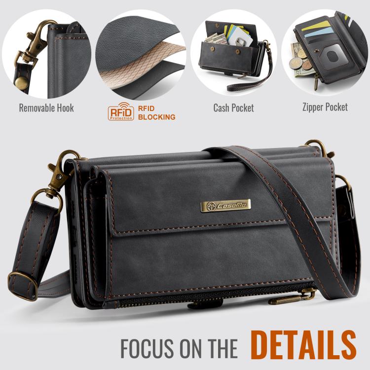 CaseMe C39 RFID Blocking Zipper Wallet Leather Phone Case with Crossbody Strap, For iPhone 11 Pro, For iPhone X / XS, For iPhone XR, For iPhone XS Max, For iPhone 7 Plus / 8 Plus