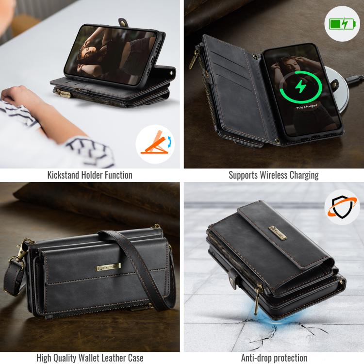 CaseMe C39 RFID Blocking Zipper Wallet Leather Phone Case with Crossbody Strap, For iPhone 11 Pro, For iPhone X / XS, For iPhone XR, For iPhone XS Max, For iPhone 7 Plus / 8 Plus