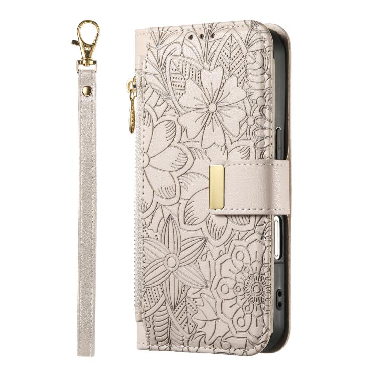 Flowers Leaves Zipper Wallet Leather Phone Case with Strap, For iPhone 13 Pro, For iPhone 12 / 12 Pro, For iPhone 12 Pro Max